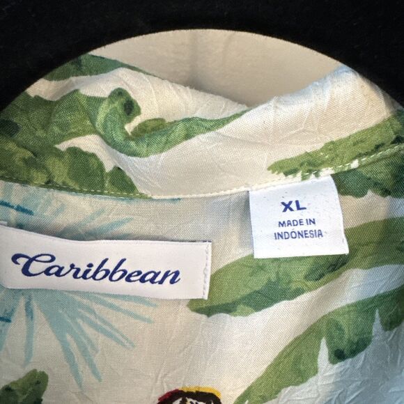 Caribbean Shirt XL White W/Palm Tree Parrot Tropical Button Up Short Sleeve Mens - Picture 3 of 5